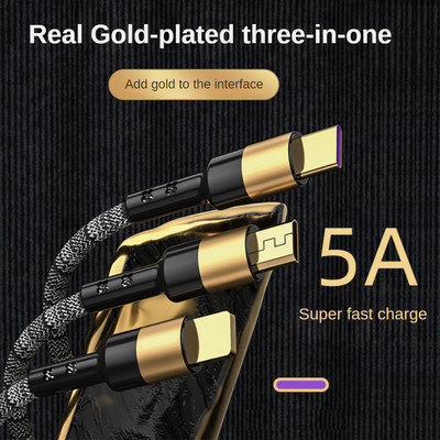 Cablu de încărcare rapidă placat cu aur 3 în 1 Cablu de încărcare de date din metal tip C Micro-USB 5A Linie 1,2M 2M pentru iPhone Android Cablu de date