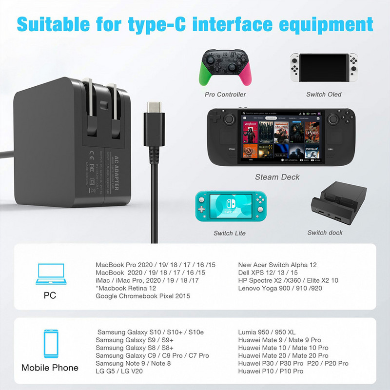 Για Steam Deck Charger 45W Power Supply PD Protocol Συμβατό με SWITCH Console 100-240V Support Screen Projection Adapter