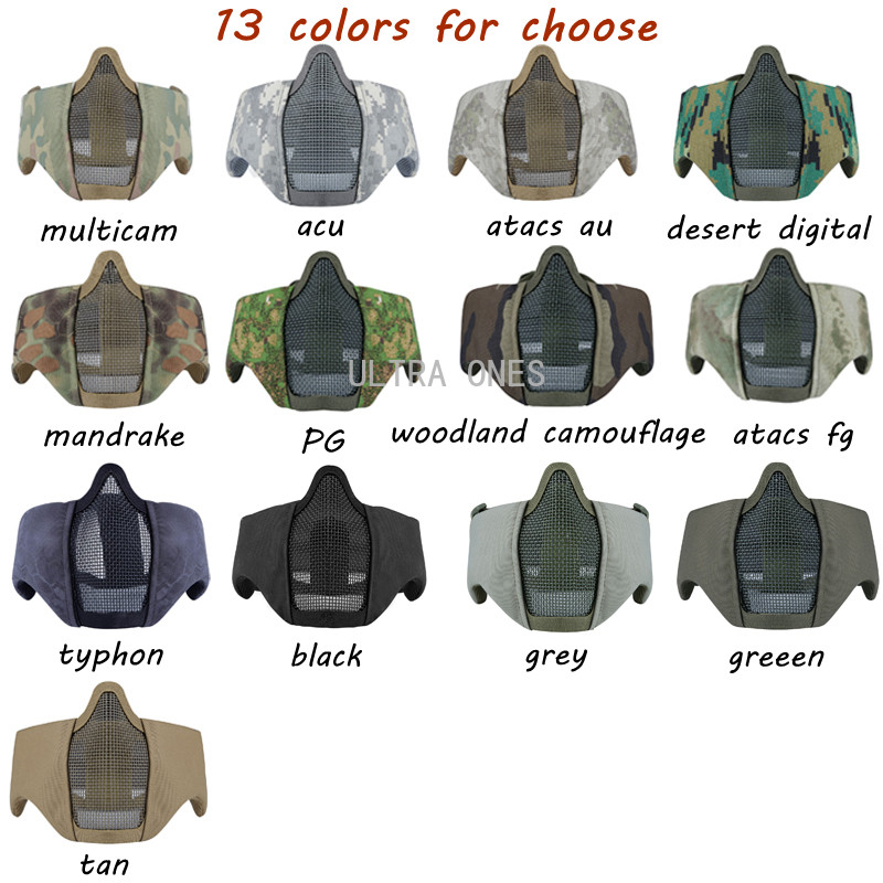 Mască tactică pentru jumătate de față cu protecție pentru urechi plasă metalică Camuflaj Airsoft Cs Game Mască de protecție