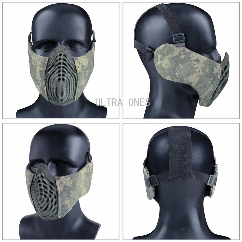 Mască tactică pentru jumătate de față cu protecție pentru urechi plasă metalică Camuflaj Airsoft Cs Game Mască de protecție