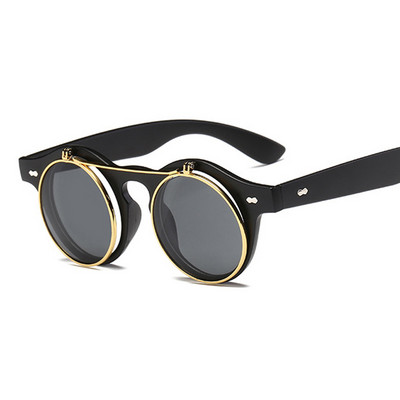 XaYbZc 2023 Fashion Vintage Round SteamPunk Flip Up Akiniai nuo saulės Klasikiniai dvigubo sluoksnio Clamshell dizaino akiniai nuo saulės Oculos De Sol