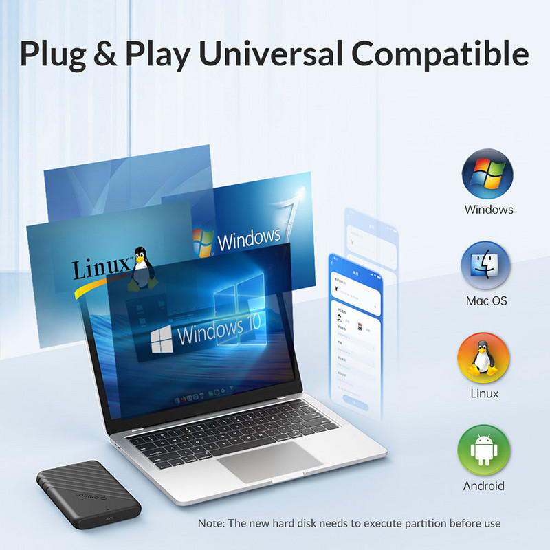 ORICO SSD dėklas MicroB USB3.0 2,5 colio išorinės atminties HDD dėklas SATA 5/6Gbps SSD kietojo disko korpuso palaikymas UASP, skirtas nešiojamam kompiuteriui