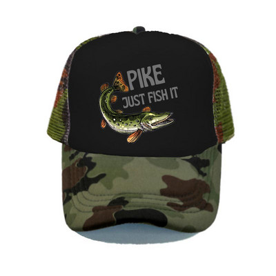 Pike Fish Hunter kamuflaažist pesapallimüts Haug Just Fish It Reguleeritavad kalastusmütsid Naised Mehed Välikalamehe Rekkamüts YY367