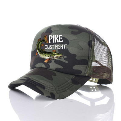 Pike Fish Hunter kamuflaažist pesapallimüts Haug Just Fish It Reguleeritavad kalastusmütsid Naised Mehed Välikalamehe Rekkamüts YY367