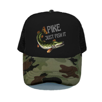 Pike Fish Hunter kamuflaažist pesapallimüts Haug Just Fish It Reguleeritavad kalastusmütsid Naised Mehed Välikalamehe Rekkamüts YY367