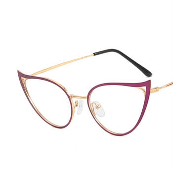 Модни лакови кухи котешки очила против синя светлина Дамски рамки за очила Нова тенденция Метални плоски светли огледални очила