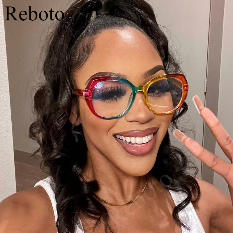 Moodne ülisuurte ovaalsete prillide raam unikaalne vikerkaaresinine valgust blokeerivad värvilised prillid naistele läbipaistvad optilised prillid