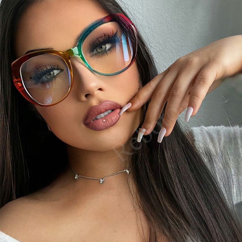 Moodne ülisuurte ovaalsete prillide raam unikaalne vikerkaaresinine valgust blokeerivad värvilised prillid naistele läbipaistvad optilised prillid