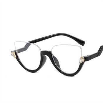 Модна полурамка 2023 г. Нови очила с котешко око Анти синя светлина Рамки за очила Дамски диамантени ретро рамки за очила с плоски лещи