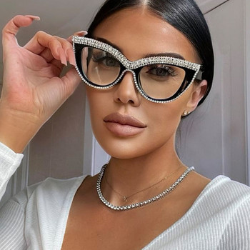 Модни луксозни рамки за очила с котешки очи Дамски кристални диамантови прозрачни очила Секси декоративни очила
