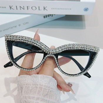 Модни луксозни рамки за очила с котешки очи Дамски кристални диамантови прозрачни очила Секси декоративни очила