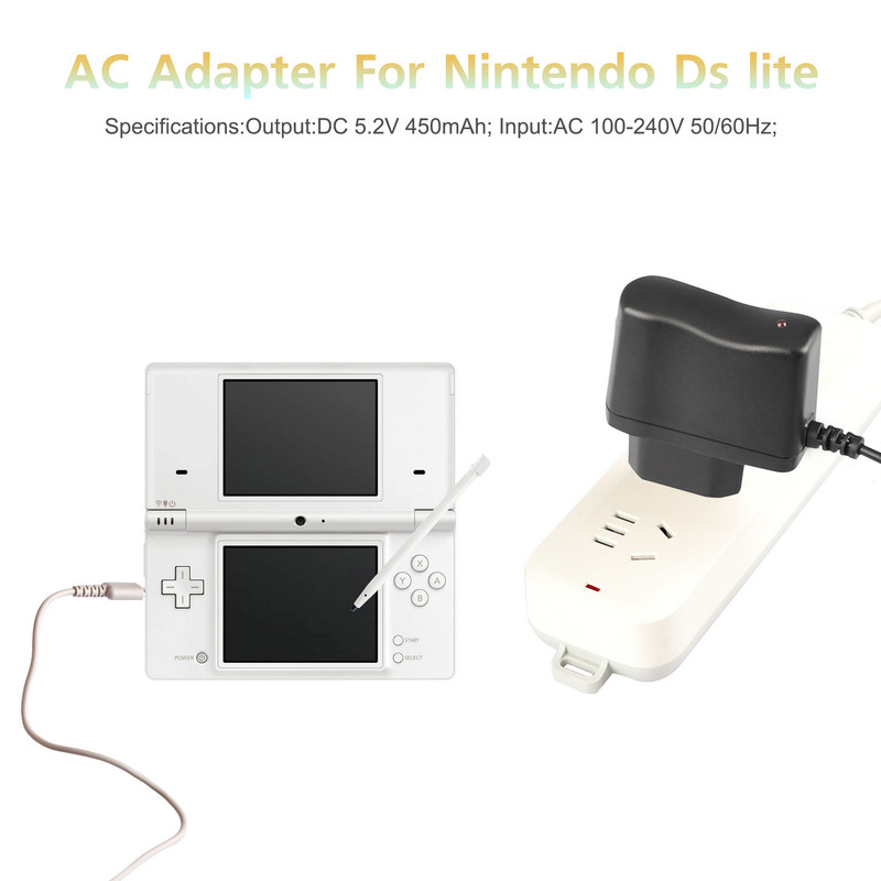 DS Lite laadija, vahelduvvooluadapter Nintendo DS Lite süsteemidele toitelaadija, seinareisilaadija toitejuhtme laadimiskaabel 5,2 V 450 mA