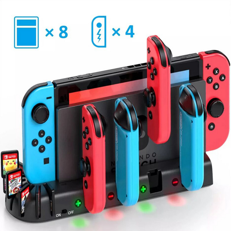 2022 NAUJIENA Nintend Switch joycon Charger 4 prievadų valdiklio įkrovimo doko stotelė jungiklio laikiklio įkrovikliui su 8 žaidimų lizdais