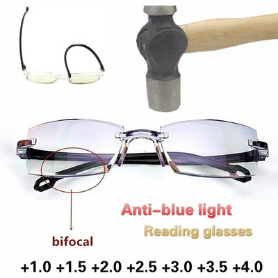 2023 Нови мъжки дамски очила за четене без рамки Анти синя светлина Бифокални очила за далечно близко увеличение Очила за пресбиопия +150 +200