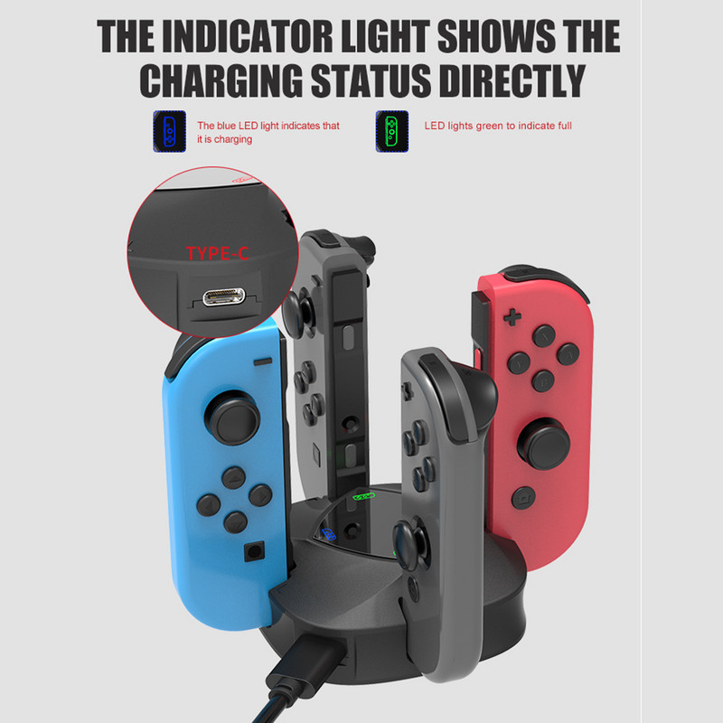 Για Switch Joy-con Controller 4 σε 1 Διακόπτης βάσης φορτιστή με ένδειξη φόρτισης Πολυλειτουργική βάση βάσης φορτιστή 5V Type-C