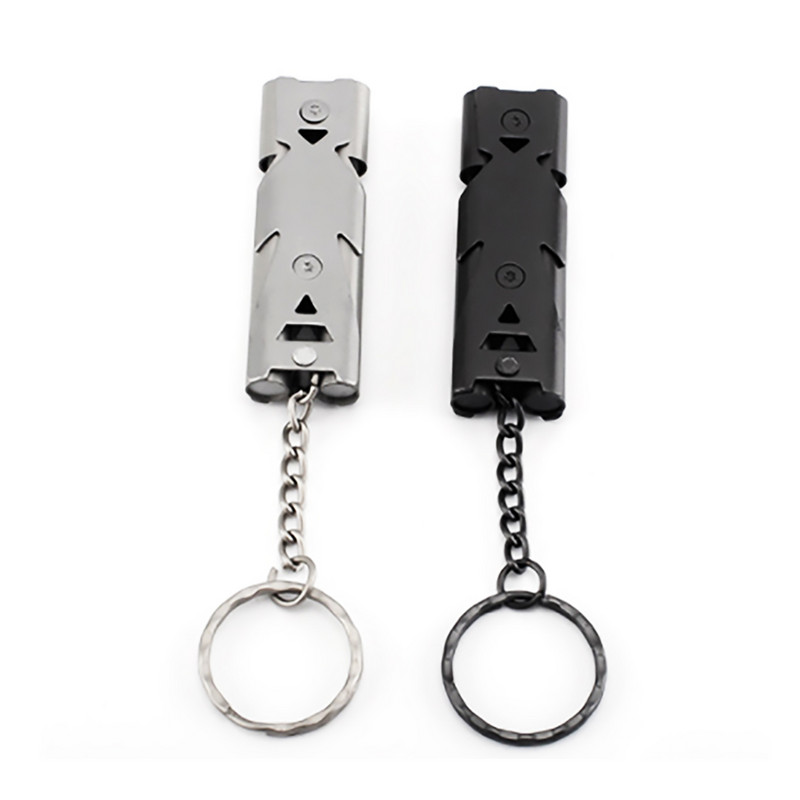 Kaasaskantav õues 150 dB kõrge detsibelliga võtmehoidja vile roostevabast terasest kahetoruga hädaolukorra ellujäämisvile multifunktsionaalsed tööriistad