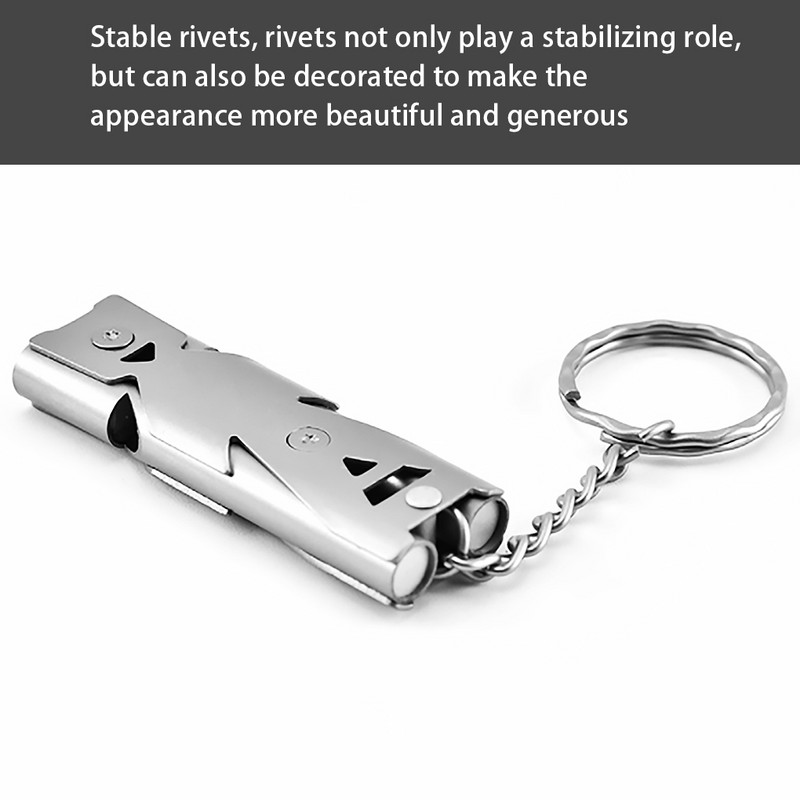 Kaasaskantav õues 150 dB kõrge detsibelliga võtmehoidja vile roostevabast terasest kahetoruga hädaolukorra ellujäämisvile multifunktsionaalsed tööriistad