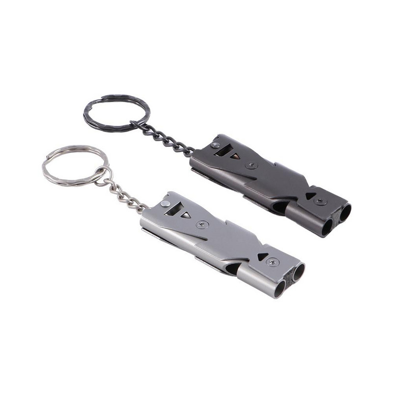 Pārnēsājams nerūsējošā tērauda āra izdzīvošanas svilpes divcauruļu augstas decibelu atslēgu piekariņš