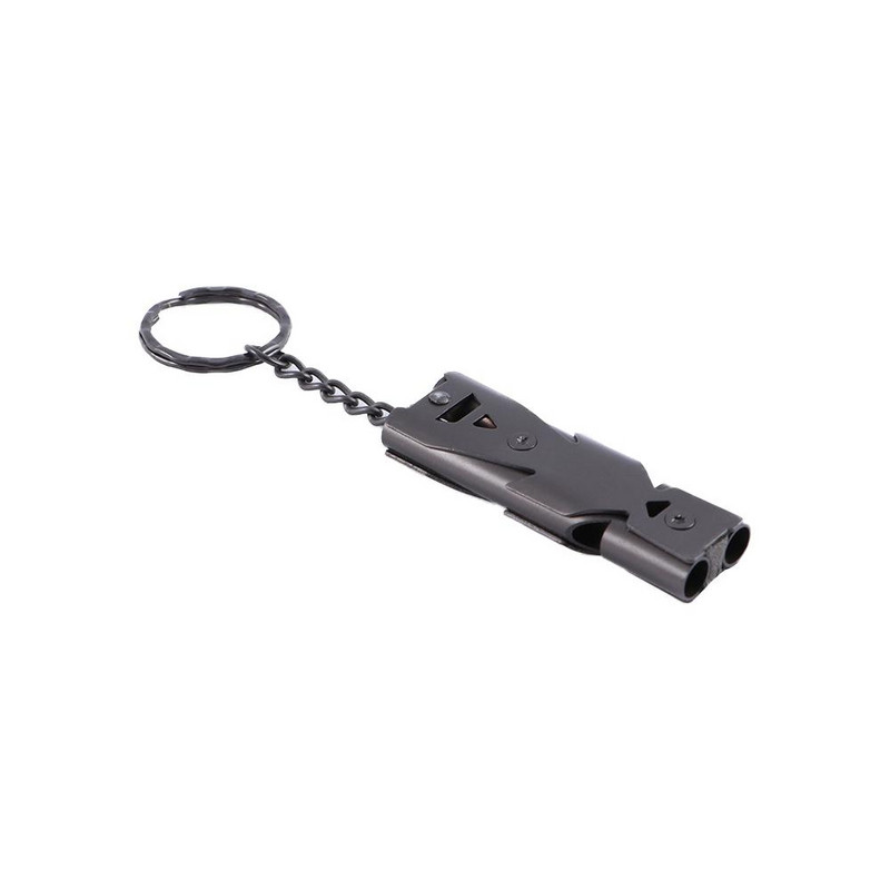 Pārnēsājams nerūsējošā tērauda āra izdzīvošanas svilpes divcauruļu augstas decibelu atslēgu piekariņš