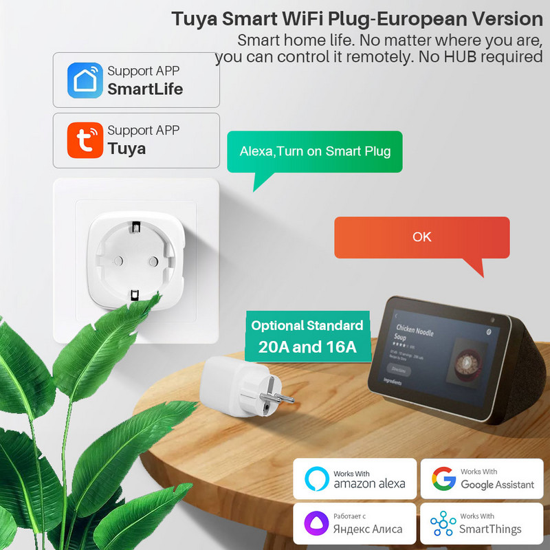 Tuya WiFi Smart Plug 16A/20A EU pametna utičnica s nadzorom napajanja Timing Smart Life Support Alexa Google Home Yandex SmartThings