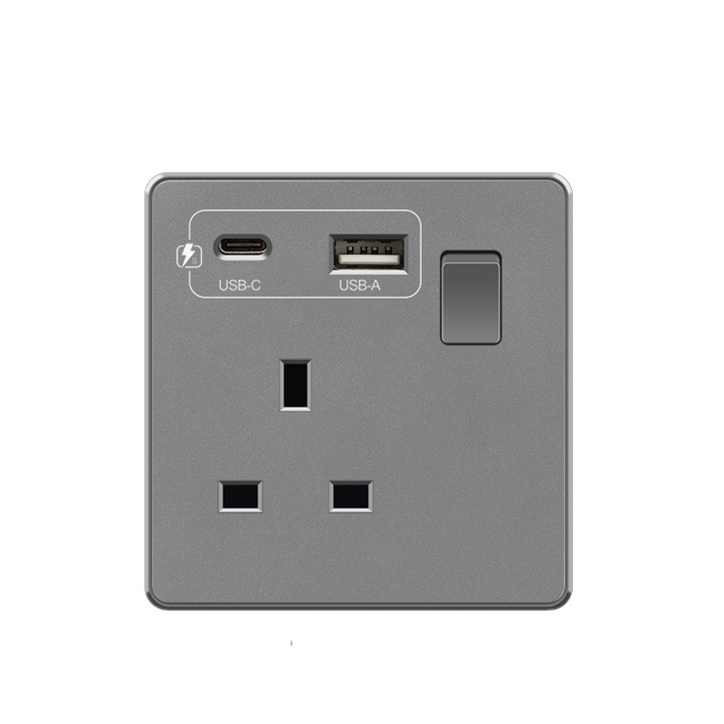 Бял 18W щепсел Type-C Бързо зареждане Uk 13A Usb C Стенен контакт, електрически контакт с USB, универсален 5-пинов захранващ контакт