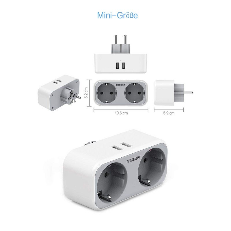 TESSAN EU KR pistikupesa toitejuhe vahelduvvoolu pistikupesade ja USB-laadimisportidega, mitme seinakontakti adapteriga kodukontori jaoks
