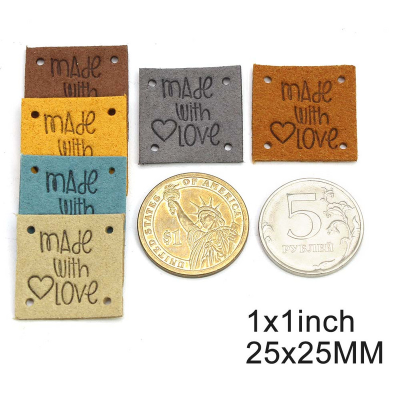 20 db Bőr kézzel készített címkék szerelmes címkékkel ruházathoz, vegyes színű négyzet alakú kézzel készített címke ruhakiegészítők varrásához