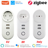 Tuya Zigbee Smart Plug Socket Outlet 2.1A USB Charger 16A EU Brazil APP Remote Control Works Alexa Google Assistant Smartthings