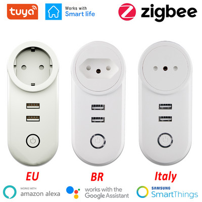 Tuya Zigbee Smart Plug Priză 2.1A Încărcător USB 16A UE Brazilia APP Telecomandă Funcționează Alexa Google Assistant Smartthings