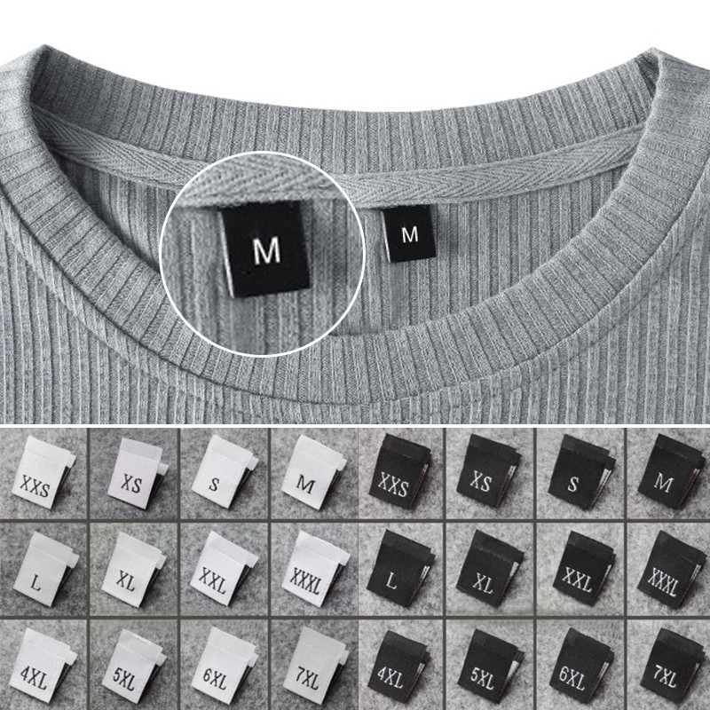 100 vnt. Drabužių dydžio etiketės Sulankstytos audinio etiketės Bendros austos dydžio etiketės Praktiškos drabužių dydžio etiketės parduotuvėms balta juoda