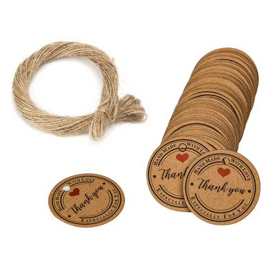 100 бр. Етикети за подаръци от крафт хартия Благодарим ви, че празнувахте с нас Етикети, ръчно изработени за декорация на сватбено тържество Опаковка Закачете хартия
