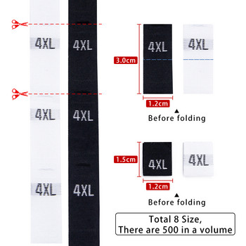 500 бр./ролка Бели черни етикети с размери на дрехи XS/S/M/L/XL/XXL/3XL/4XL Етикети за дрехи за дрехи Възрастови етикети Височина Тъкан етикет Направи си сам