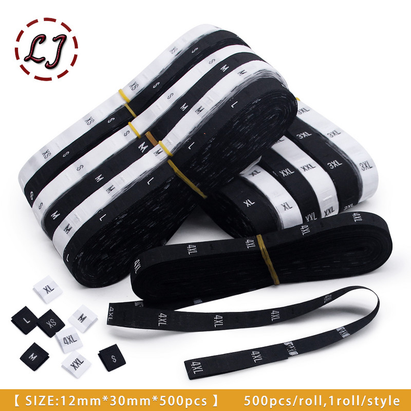 500 tk/rull valge must riiete suuruse sildid XS/S/M/L/XL/XXL/3XL/4XL riidesildid rõivastele Vanusesildid kõrgus kootud silt DIY