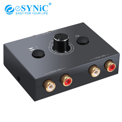 eSYNiC 2 X 1/1 X 2 L / R Στερεοφωνικός διακόπτης αμφίδρομου ήχου με κουμπί σίγασης φορητός διακόπτης στερεοφωνικού ήχου RCA διαχωριστής ήχου
