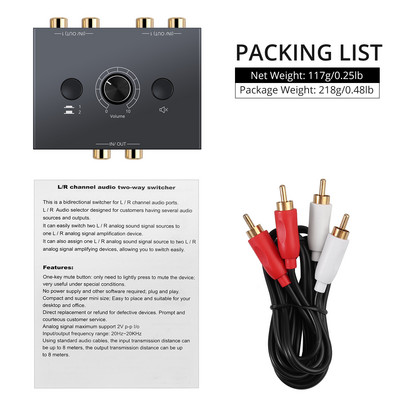 eSYNiC 2 x 1/1 x 2 l/R stereo audio divvirzienu pārslēdzējs ar izslēgšanas pogu, pārnēsājams RCA stereo audio slēdzis, audio sadalītājs