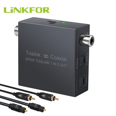 LiNKFOR 192KHz цифров аудио конвертор, оптичен SPDIF Toslink 1 в 2 изходен сплитер, коаксиален към оптичен и оптичен към коаксиален превключвател