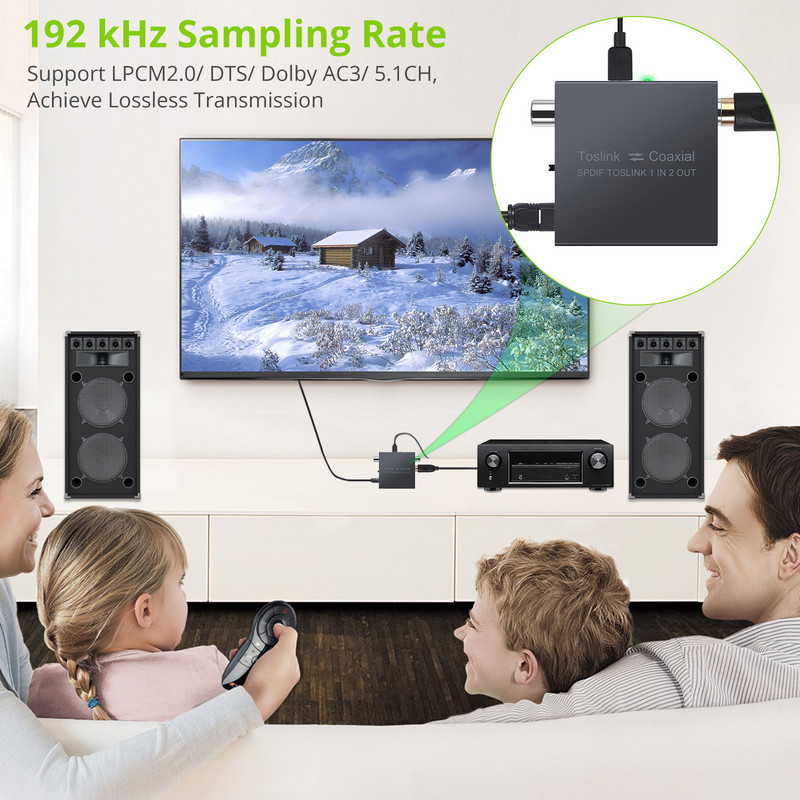 LiNKFOR 192KHz digitalni audio konverter, optički SPDIF Toslink 1 u 2 izlazni razdjelnik, koaksijalni na optički i optički na koaksijalni prekidač