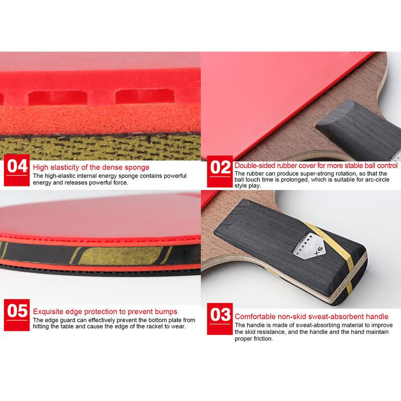 Rachetă de tenis de masă Rachetă de ping-pong 5 straturi Bâtă de ping-pong anti-șoc Coșuri cu două fețe în rachetă de tenis de masă cu 6 stele