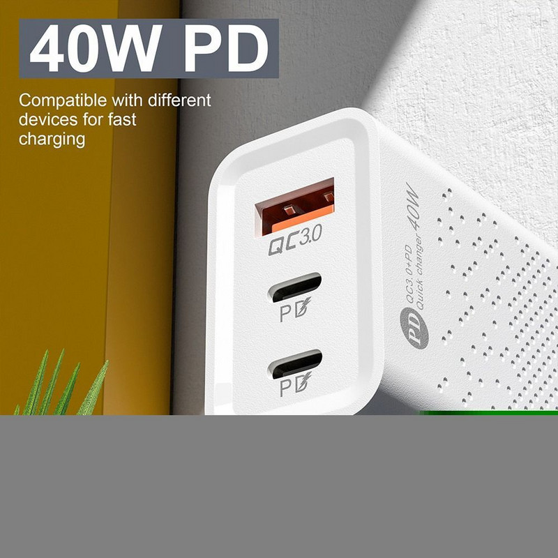 40W PD USB зарядно бързо зареждане USB тип C зарядно устройство 3 порта Адаптер за мобилен телефон за iPhone 14 13 Pro Xiaomi 12 Huawei Samsung S22