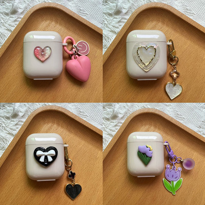 Husă cu inimă drăguță din Coreea pentru AirPods Pro 2. Husă moale TPU pentru AirPods 3 1 2 Cutie de încărcare pentru căști cu flori de desene animate cu breloc