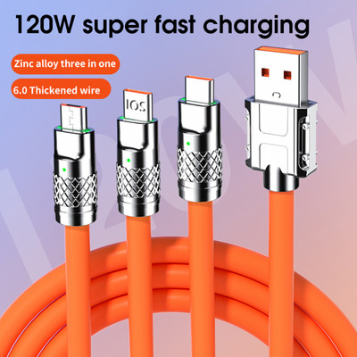 USB kabelis 3 in 1 120 W 6A greito įkrovimo C tipo laidas Micro USB skirtas iPhone įkrovimo laidas, skirtas Samsung Huawei Xiaomi telefono įkrovikliui