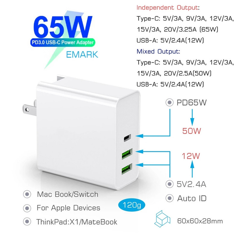 Φορτιστής 65W TYPE-C USB-C PD60W 45W QC3.0 Φορτιστής για φορητό υπολογιστή USB-C MacBook Pro/Air iPad Pro 12W για Samsung iPhone