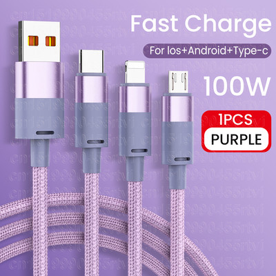 6A 100W 3 viename greito įkrovimo laidas, skirtas iPhone Huawei Micro USB Type C įkroviklio kabelis Keli USB prievadai Keli USB įkrovimo laidai