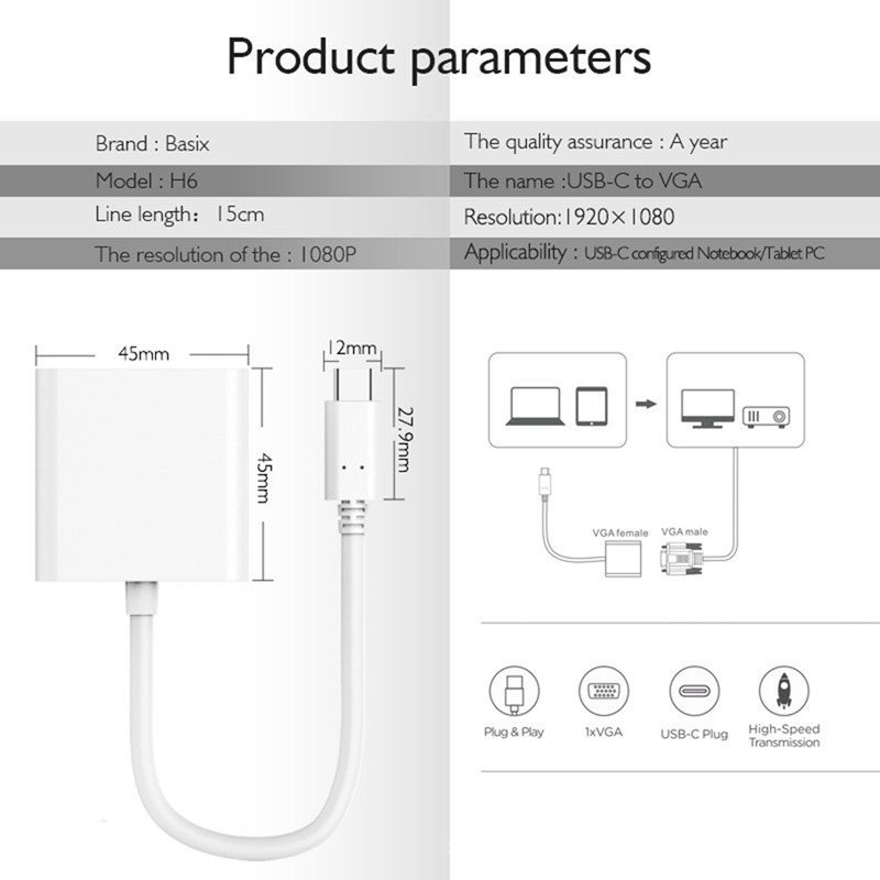 USB C į Vga adapteris, C tipo su Vga adapteris, suderinamas su Pro 2016/2017/2018, Air / Ipad Pro 2018, Surface Book 2, Ch