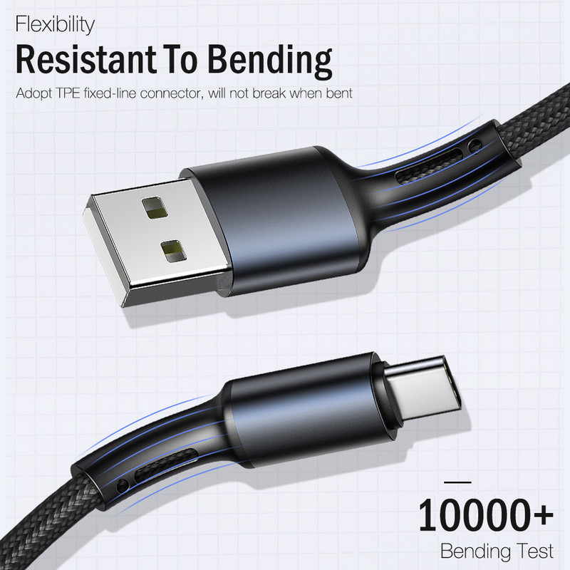 USB tipo C laidas, skirtas Xiaomi Huawei Samsung A50 A51 S9 S10 mobiliajam telefonui 3A greito įkrovimo trumpas laidas ilgas 2m 3m laidas duomenų įkroviklis USBC