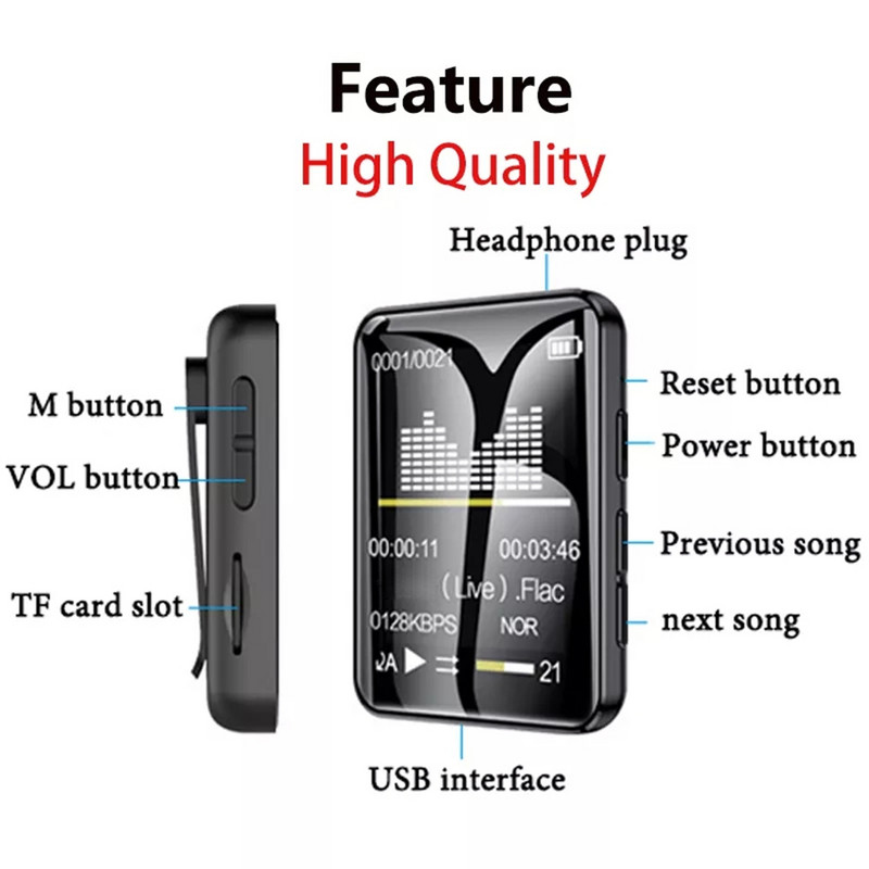 Novi MP3 Player Bluetooth 5.0 Full Screen Walkman Prijenosni Sport Music Player Mp4 Video Player FM/E-book/Rekorder Mp3 Player