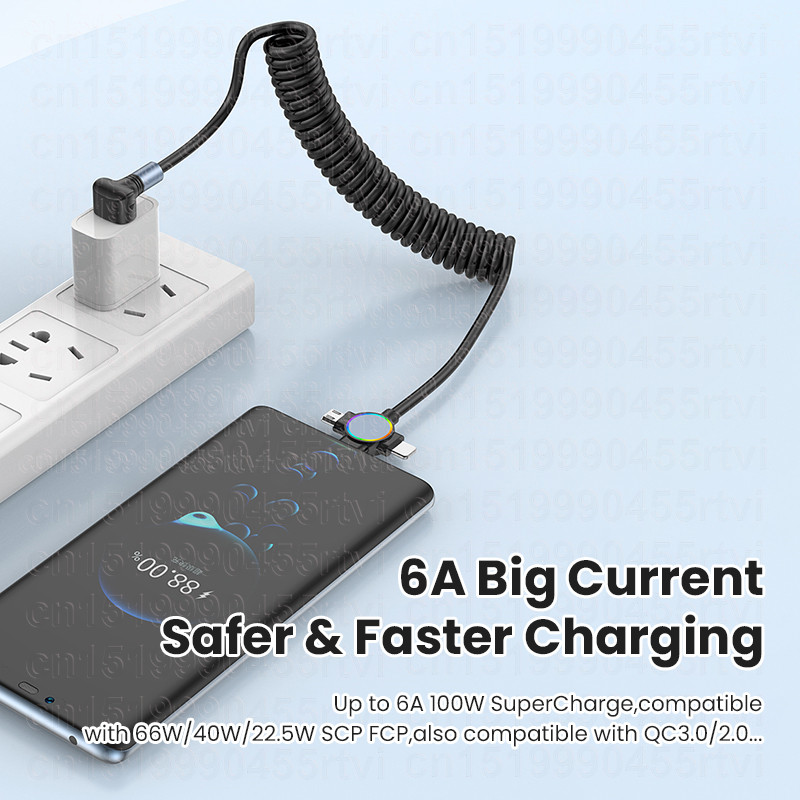 3u1 6A 100W opružni USB C kabel za Huawei Honor uvlačivi mikro USB Type-C 8-pinski kabel za punjenje za iPhone 14 Samsung Xiaomi