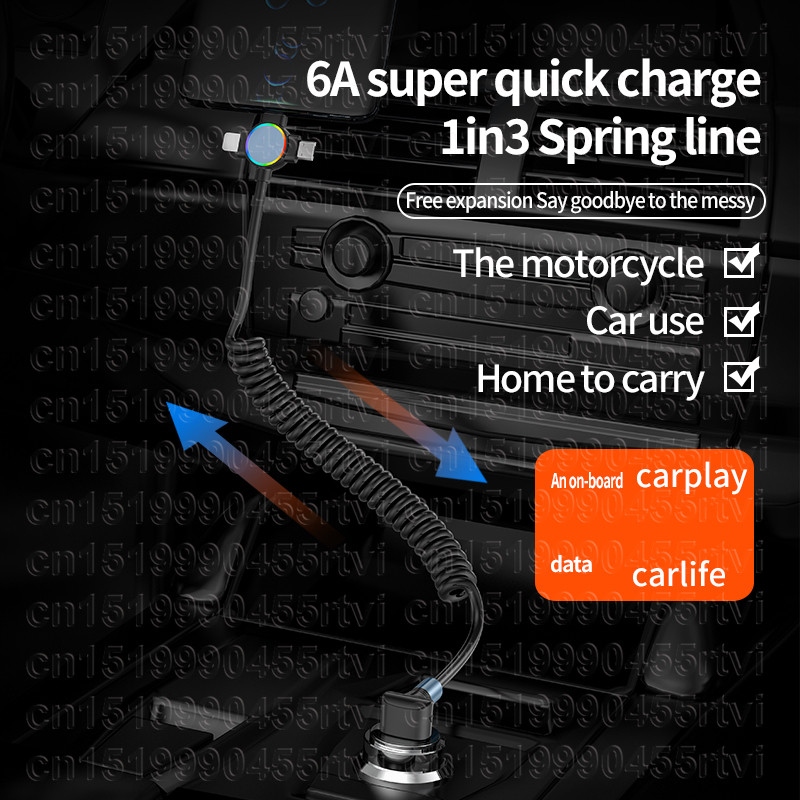 3u1 6A 100W opružni USB C kabel za Huawei Honor uvlačivi mikro USB Type-C 8-pinski kabel za punjenje za iPhone 14 Samsung Xiaomi