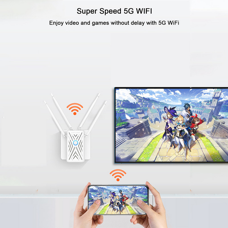 1200Mbps WiFi kartotuvo plėstuvas dviejų juostų WiFi signalo stiprintuvas 2,4G ir 5G ilgo nuotolio signalo kartotuvas 4 × 5 Dbi antenų prieigos taškas