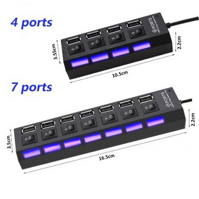 RYRA USB 2.0 centrmezgls USB centrmezgls 2.0 vairāku USB sadalītāju centrmezgls Izmantojiet barošanas adapteri 4/7 portu vairāku paplašinātāju 2.0 USB centrmezgls ar slēdzi datoram